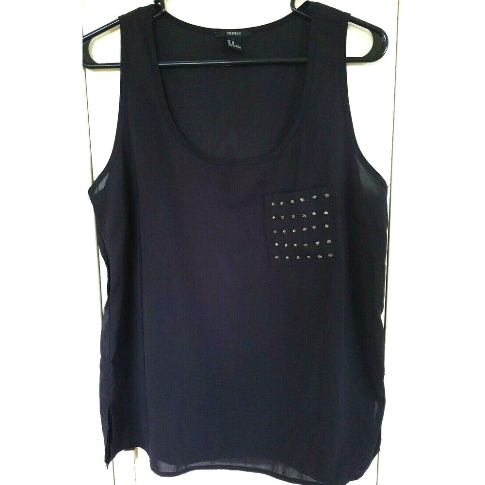 Forever 21 Black Studded Tank M Oversize Loose & Flowy Top Pocket